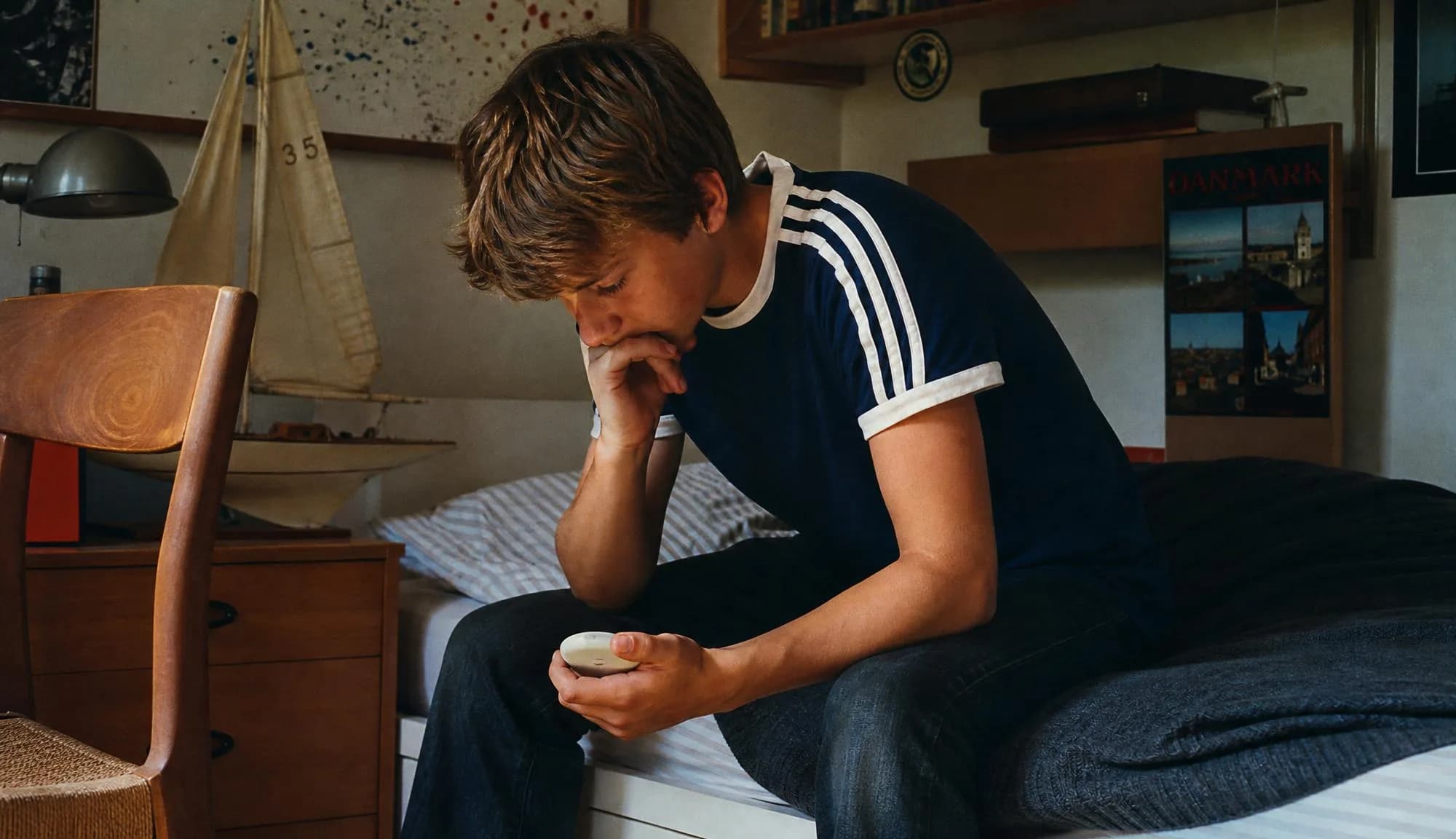 Young person thinking while holding the device on a bed.